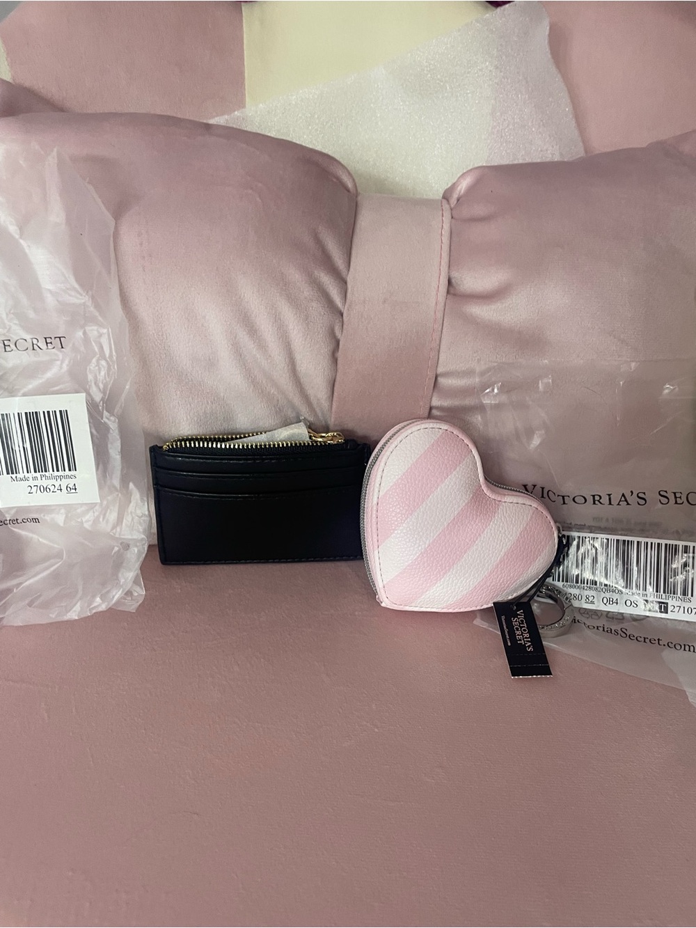 Victoria's Secret Pink & White Striped Heart Keyring Coin Pouch